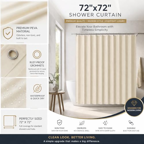 Image of EHZNZIE Beige Shower Curtain Liner 72x72, PEVA Waterproof Bath Curtain, No Chemical Smell, 3 Weighted Magnets, Durable with Rustproof Metal Grommets