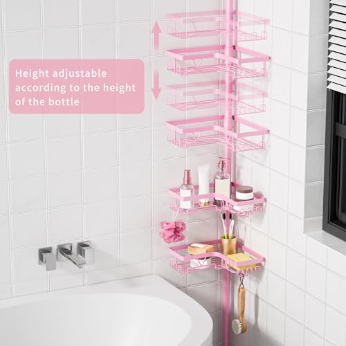 Image of KEGII Shower Caddy Tension Pole, 4-Tier Rustproof Adjustable Corner Bathroom Organizer for Renters, 25-114.2 Inch No Drill Space-Saving Shower Storage Rack, Pink