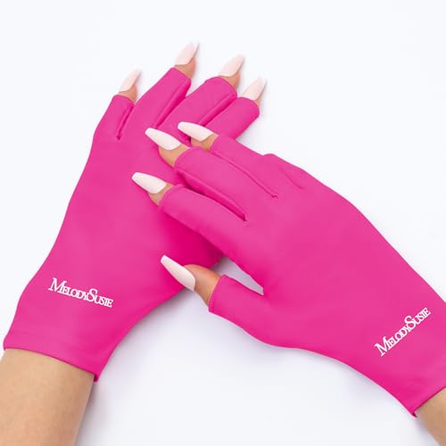 Image of MelodySusie Premium UV Protection Gloves for Manicures, Cool Feeling Fabric,Professional UPF50+, UV Nail Gloves for Gel Nail Lamp, Anti UV Light, Skin Care Fingerless Design, Neon Pink