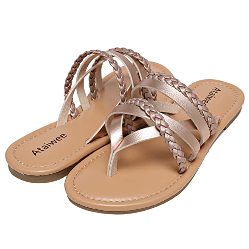 Ataiwee Women's Slide Flat Sandals - Comfortable Slip On Plait Toe Thong Strappy Spring Summer Shoes.(1908023-4,Gd/Pu,9) #TOP1
