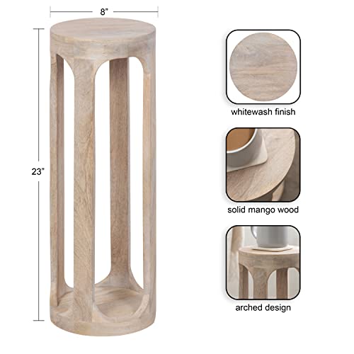 Kate and Laurel Dahl Coastal Wooden Round Drink Table; 8 x 23; Whitewash; Boho Circle Wood Accent Pedestal Table for Living Room Plant Stand or Small Bedroom Nightstand - Image 3