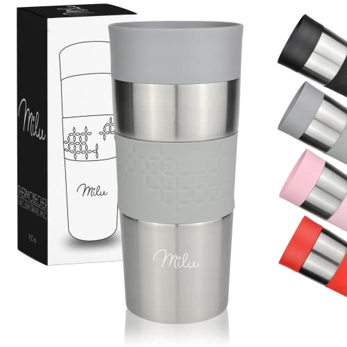 Milu Termo Taza 350ml - Vaso Termico de Viaje - Café para Llevar - Taza de Viaje - Taza de acero inoxidable para beber - con aislamiento de doble pared (Gris, 350ml)