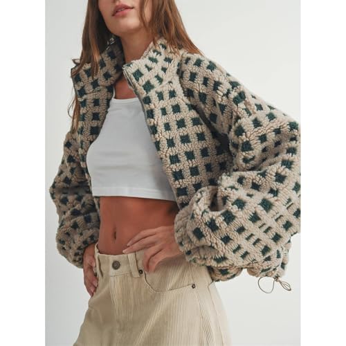 Womens Checkered Sherpa Jacket Cropped Long Sleeve Plaid Fleece Coats Casual Zip Up Gingham Outwear with Pockets2