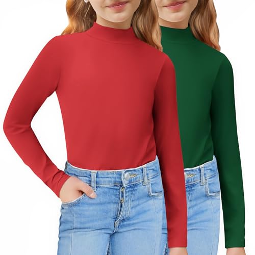 Image of Arshiner Girls 2 Pack Mock Turtleneck Long Sleeve Shirts Slim Fit Layer Top