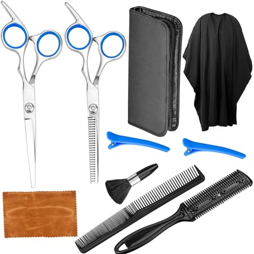 FEIGO Juego de tijeras de peluquería, tijeras profesionales para cortar el pelo, 10 unidades con capa de peluquería, tijeras de adelgazamiento para mujeres, hombres, niños, tijeras para el pelo para