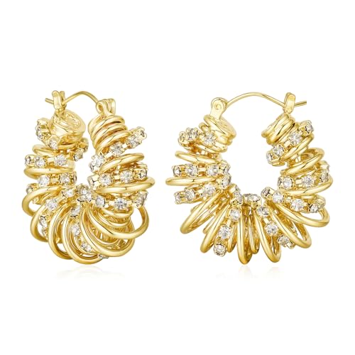 Chunky Gold Hoop Earrings Statement Earrings for Women Sparkly Rhinestone CZ Thick Hoop Earrings