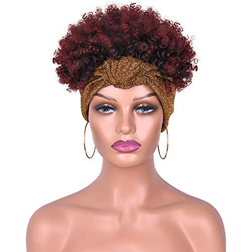 Goodly Short Curly Afro Headband Wigs for Black Women Kinky Curly Wigs with Headwraps High Puff Scarf Wigs Wrap Wigs 2 in 1 Synthetic Short Curly Hair Wig(brown B-1B/99J)