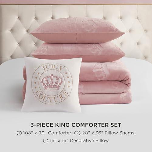 Image of Juicy Couture Plush Reversible Embossed Crown 4-Piece King Comforter Set with Decorative Pillow, Light Pink
