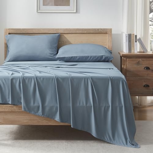 Image of Andency Grayish Blue Queen Sheets Set 100% Viscose Derived from Bamboo | Cooling Summer Sheets, Deep Pocket Up to 16 inch, Silky Soft Hotel Luxury Breathable Bedding Sheets & Pillowcases