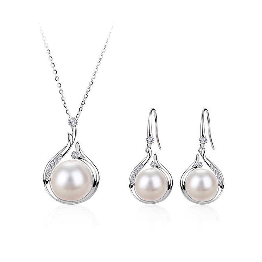 HSAJS Conjuntos de Joyas Perla Cristales de Zirconia con Colgante Collar Mujer y Pendientes Mujer Juego de joyas Joyería Regalo para el Día de la Madre San Valentín
