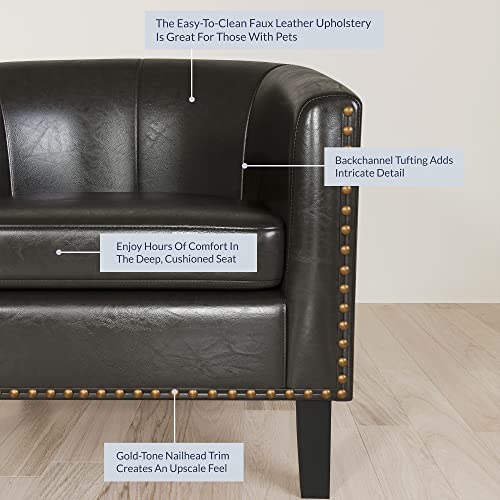 Image of BELLEZE Accent Barrel Chair, Set of 2 Modern Faux Leather Tub Club Chair Upholstered Armchair with Gold Nail Head Trim and Black Legs for Living Room Bedroom Apartment Lounge - Dark Brown