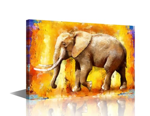 Image of TISHIRON Oil Painting of Elephant Animal Painting Canvas Wall Art Abstract Elephant on Colorful Background Poster Prints for Living Room Decor Interior Canvas Art 18x12 inch