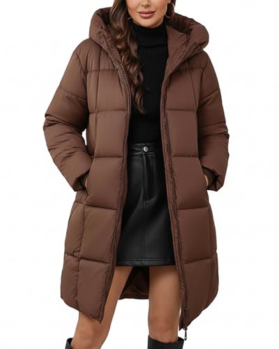 ceauros Women's Hooded Long Puffer Coat Winter Warm Full Zip Lightweight Quilted Jacket with Pockets(Brown,L)