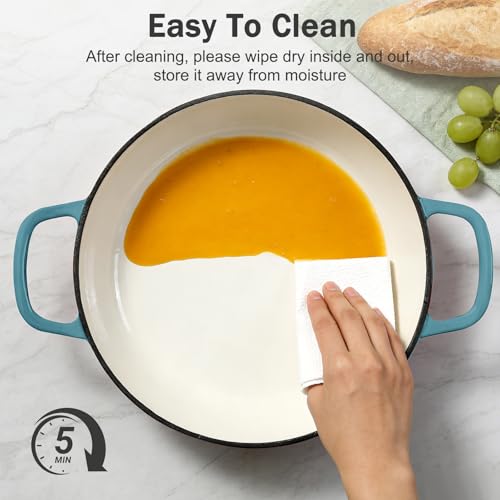 NSIRONS Enameled Cast Iron Dutch Oven, 3.8 Quart Dutch Oven Pot with Lid, Shallow Cast Iron Braiser with Handles, Oven Safe up to 500°F (BlueGreen) by NSIRONS - Used condition - Image 7