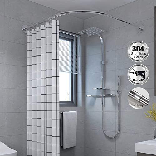 Easy Installation Shower Curtain Rod Adjustable Corner Ceiling Support Curved Rod,Shower Curtain Rail L Shaped, Telescopic Shower Curtain Pole, Curved Shower Curtain Rod Stainless Steel, No