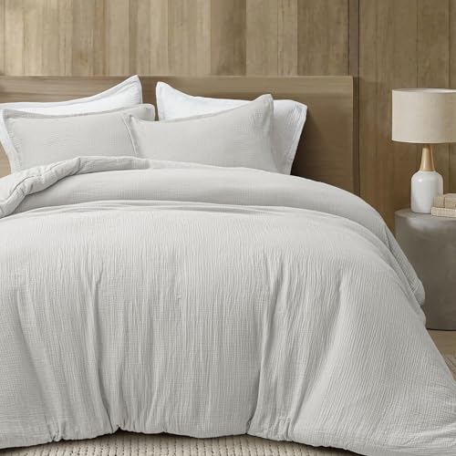 PHF Cotton Muslin Comforter Set Queen – 100% Cotton Cover, Ultra Soft & Breathable, 3PCS Lightweight All-Season Bedding with Polyester Fill, 1 Comforter 90"x90" & 2 Pillow Shams 20"x26", Light Grey