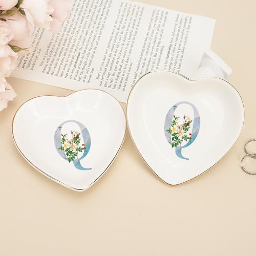 Plato de joyería con inicial Q UanMere mini bandeja cerámica de 4 pulgadas para anillos 7