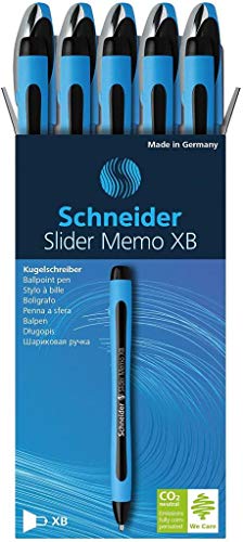 Image of Schneider Slider Memo XB Writing Instruments Ballpoint Pen with Cap Model Black Barrel Colour Cyan Black Pack of 10