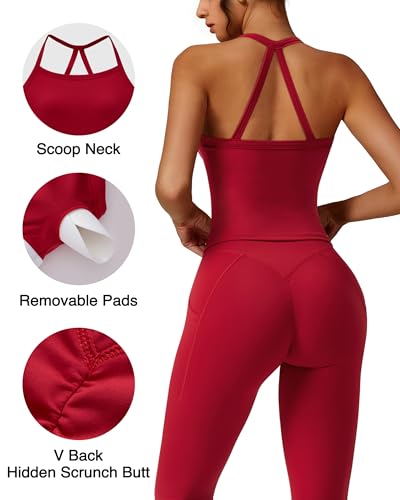 RXRXCOCO Cross Back Workout Sets for Women 2 Piece Padded Tank Tops Hidden Scrunch Leggings Gym Outfits with Pockets4