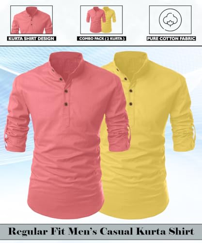 Image of FINIVO FASHION Combo of Men's Cotton Blend Solid Regular Fit Full Sleeve Straight Short Kurta Shirt, Casual and Formal Wear