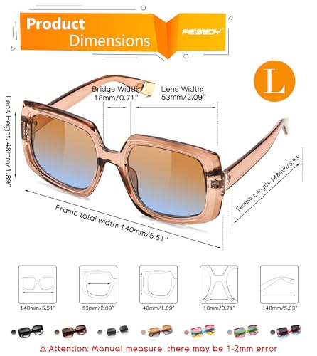FEISEDY Square Oversized Sunglasses for Women Big Large Wide Shades Vintage Retro Thick Frame UV400 Protection B01964