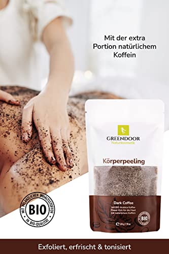 GREENDOOR Naturalny kosmetyk, ujędrniający naturalny peeling do ciała, kawowy, 220 g, wegański, ekstra naturalna kofeina, peeling przeciwstarzeniowy z bio arabica, bez mikroplastiku, przeciw