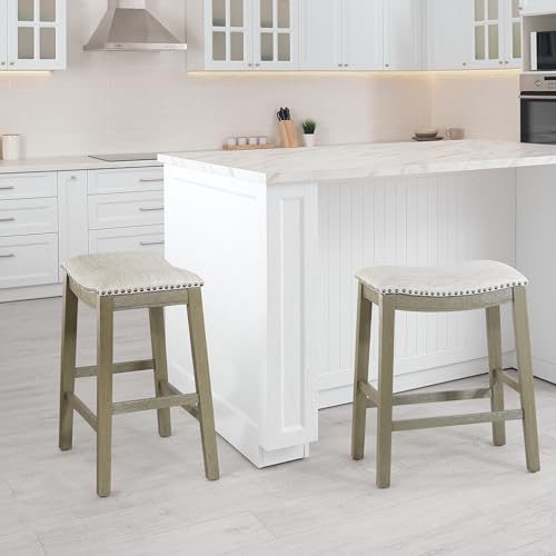 OSP Home Furnishings Metro 24-inch Counter Height Saddle Stool with Nailhead Trim 2-Pack, Antique Grey Base with Grey Fabric - Image 2