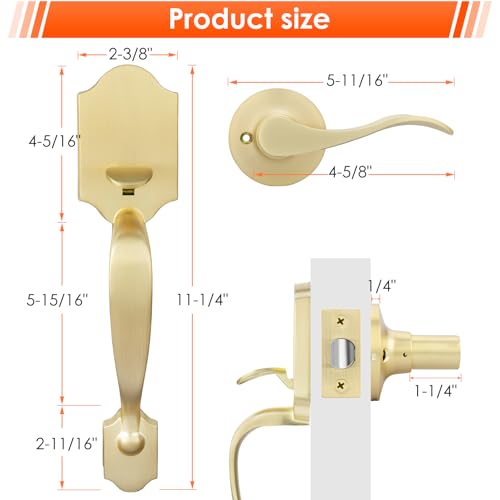 Image of Haidms Gold Front Door Handle, Entry Door Handleset No Lock, Exterior Door Handle with Reversible Handle Lever, Single Cylinder,Lower Half Lever for Left & Right Hand Door