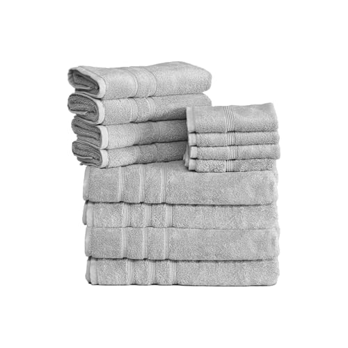 Mosobam Juego de toallas turcas de lujo de 12 piezas, 30 x 58, 16 x 30, 13 x 13 pulgadas, gris claro (gris) 700 g/m², viscosa de bambú y algodón peinado turco Egeo