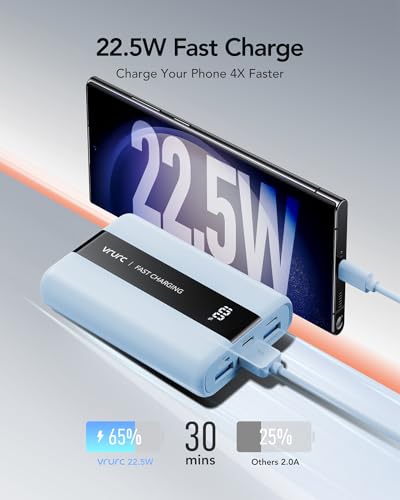 VRURC Power Bank 20000mAh – Kleiner & tragbarer externer Akku mit 22,5W QC & PD 3.0 Schnellladen, USB-C, 6 Ports & LED-Anzeige, CE-zertifizierte Powerbank für iPhone, Samsung, Huawei, iPad & Reisen 3
