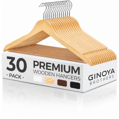 Image of GINOYA BROTHERS Walnut Wooden Suit Hangers 24 Pack with Non Slip Pants Bar - Smooth Finish Solid Wood Coat Hanger for Camisole, Jacket, Pant, Dress Clothes Hangers (Beige: 30)