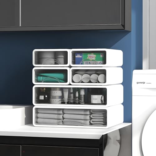 Desk Organizer with Drawers,Plastic Stacking Desk Top Drawer Storage Organizer box, for Office,Makep Vanity, Nail, Polish Bathroom, Stationery Art Craft Supplies (6-Pack)