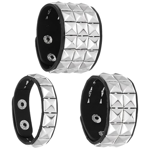 3 Pcs Punk Rock Leather Studded Bracelets for Men Women, Gothic Spike Cuff Bracelet Set for 80s 90s Emo Goth Jewelry Costume Accessories for Rocker Outfits