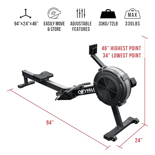 Image of Valor Fitness Air Rowing Machine - Full-Body Cardio Rower with Adjustable Resistance, LED Monitor, Wheels & Compact Foldable Design for Home Gym & High-Intensity Workouts