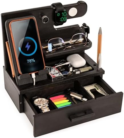 TESLYAR Wood Phone Docking Station with Drawer - Nightstand Organ...