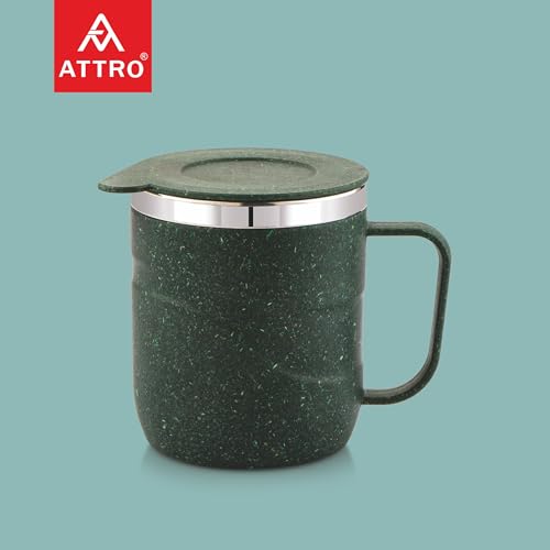 Image of ATTRO Brew Mug - Stainless Steel Inner with eco Friendly Outer Body Durable Stylish, Microwave Safe Coffee /Tea Mug with Handle & Lid, Ideal for Home, Office, Travel & Gifting-300ml-Miltary Green