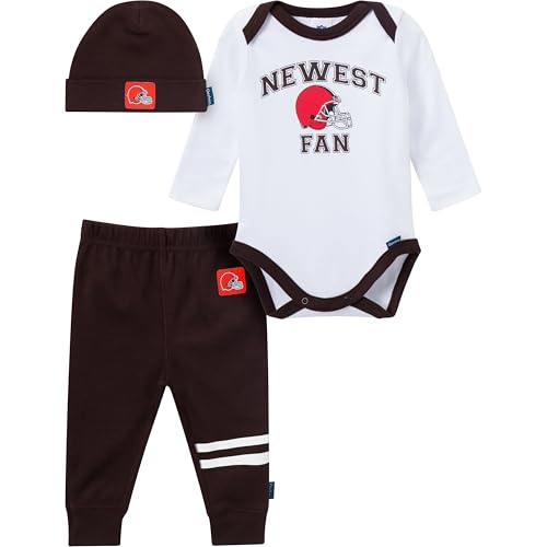 Gerber NFL Team Baby Boys' 3-Piece Onesie Bodysuit, Active Pant and Cap Set, Browns, 6-9 Months