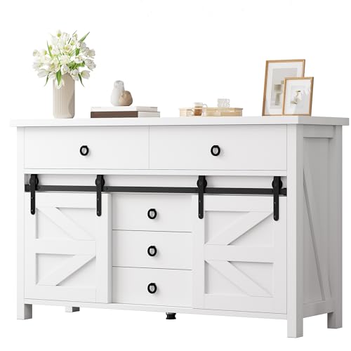 YITAHOME 54" Farmhouse Dresser for Bedroom, Large Modern Chest of Drawers, Wood Rustic Dresser TV Stand with 5 Drawers & 2 Sliding Barn Doors for Living Dining Room, Entryway, Hallway, White