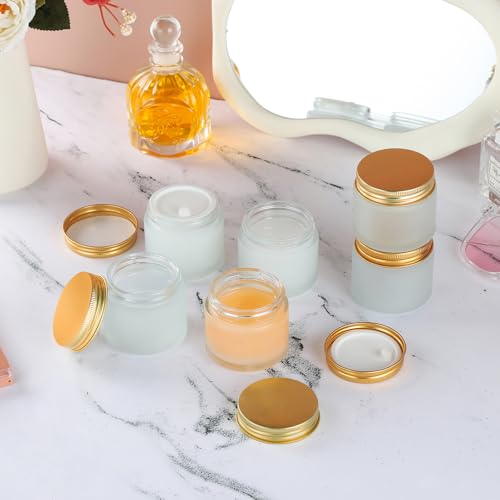 24 pack Small Clear Frosted Glass Cosmetic jars with Golden Metal Lids 2oz Bulk for Sample Lotion Cream Travel Jar Cosmetic Container3