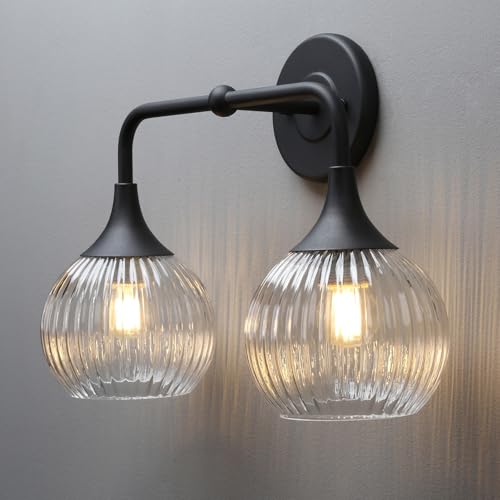 Image of PERMO Vintage Vanity Light Antique 2 Lights Sconce with Clear Ribbed Globe Glass Shade Matte Black Double Sconces for Bathroom Mirror Living Room