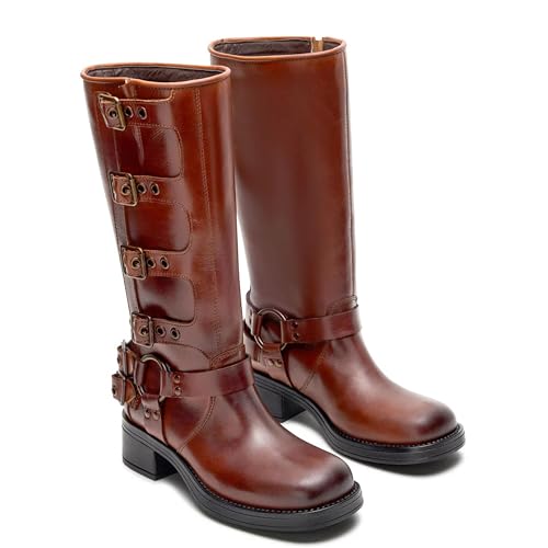 Mid Calf Riding Boots for Women Square Toe Pull On Motorcycle Boots Low Chunky Heel Comfort Moto Biker Boot2