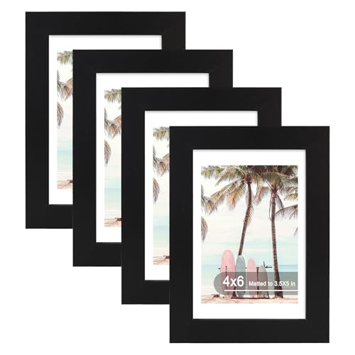 Hongkee 4x6 Picture Frame(4 Pack,Black) Made of Real Glass and Wooden Frame