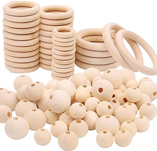 Set di 106 perline di legno e anelli di legno, anelli di legno per fai da te, perle di legno naturali, anelli in legno macramè, accessori per gioielli fai da te
