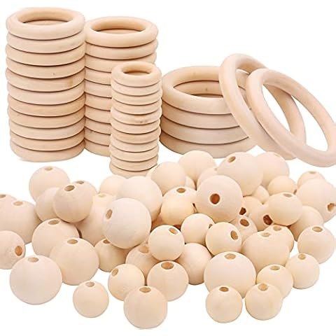 106 Piece Wooden Beads and Wooden Ring Set, Wooden Rings for Crafts, Natural Round Wooden Beads, Large, Wooden Rings, Macrame Accessories, Jewellery Beads, Pendants, Jewellery Craft Decoration Cover
