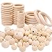 106 Stück Holzperlen und Holzring Set,Holzringe zum Basteln,Natürliche Runde Holzperlen Groß,Holz Ringe Makramee Zubehör ,Schmuckperlen Anhänger Schmuck Handwerk Dekoration