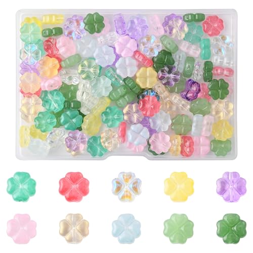 MakemadeDIY 120Pcs Four-Leaf Clover St Patrick's Day Glass Beads for Jewelry Making 10 Styles Transparent Imitation Jade Lucky Clover Spacer Beads for Bracelets Necklaces Earrings Making and Crafting