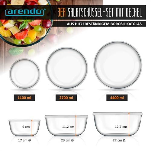 Arendo - Salatschüssel aus Glas mit Deckel - Glasschüssel 3er Set - 1100ml + 2700ml + 4400ml – Rührschüsseln klein bis groß – Borosilikatglas - Glasschale Salatglasschale 2