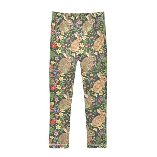 ALAZA Girls' Leggings Children's Yoga Pants Skinny Printed Dance Rabbit Green Flower Comfortable 4T