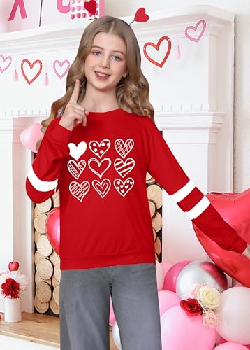 Image of LAZYCHILD Kids Valentine Shirt Girls Valentines Day Shirts Heart Graphic Long Sleeve Striped Tee Tops 5-14 Years