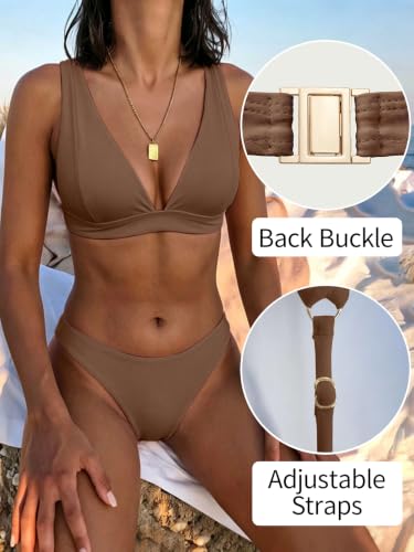 Image of Bathing Suits for Women Deep V Neck Sexy Two Piece Bikini Sets for Women Thong Halter Cheeky Swimsuit